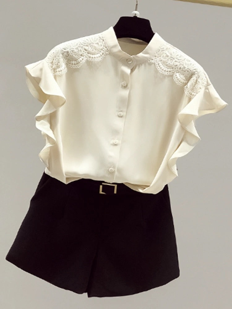 Brand discount women's clothing cutting label counter removal foreign trade summer lace splicing chiffon shirt women's style small shirt top