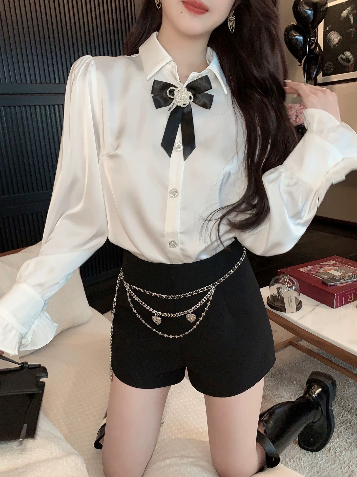 FairyJiang summer white flower bow tie satin shirt for women, high-end design, elegant and fashionable shirt