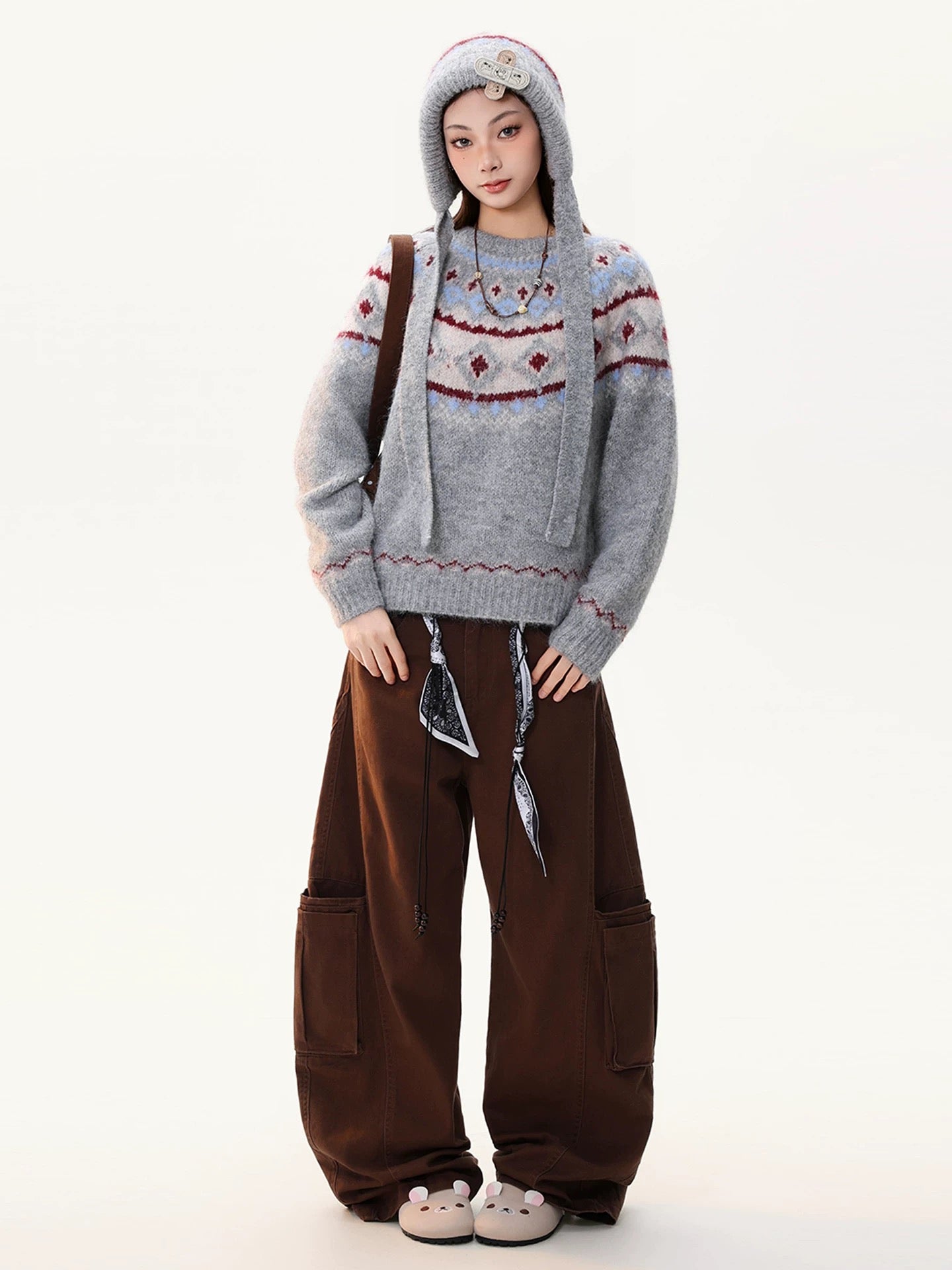 PBB Fair Isle Check Tie-Waist Knit Sweater for Women, Ethnic Style, Warm, American Style, Hooded, Burgundy Sweater