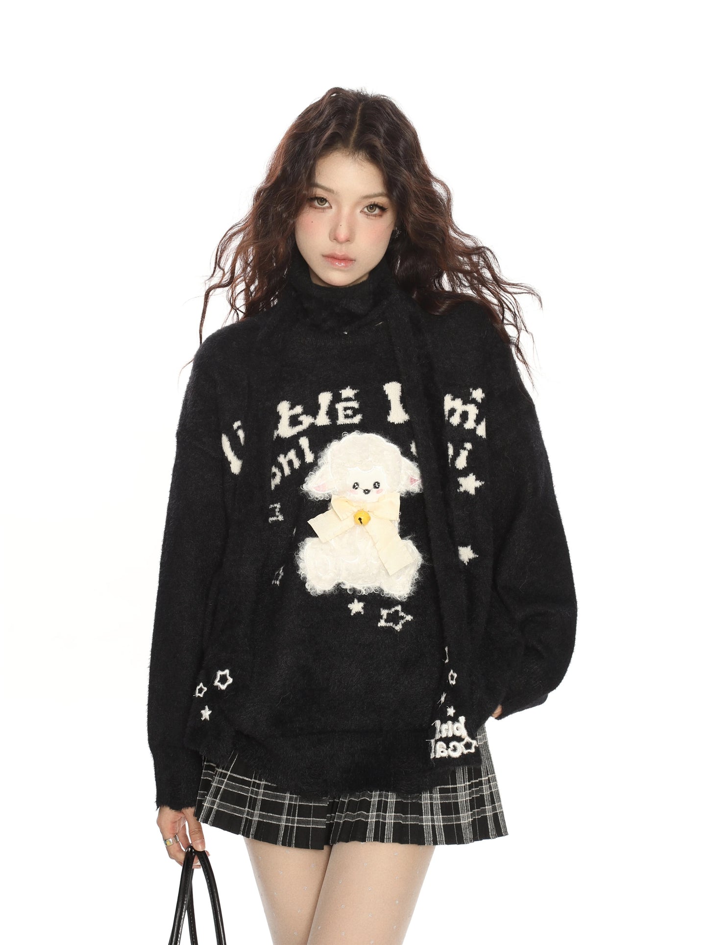 BIGGOLD Red Christmas and New Year Bell Lamb Sweater with Scarf for Women, Autumn and Winter Soft Mohair Knit Sweater