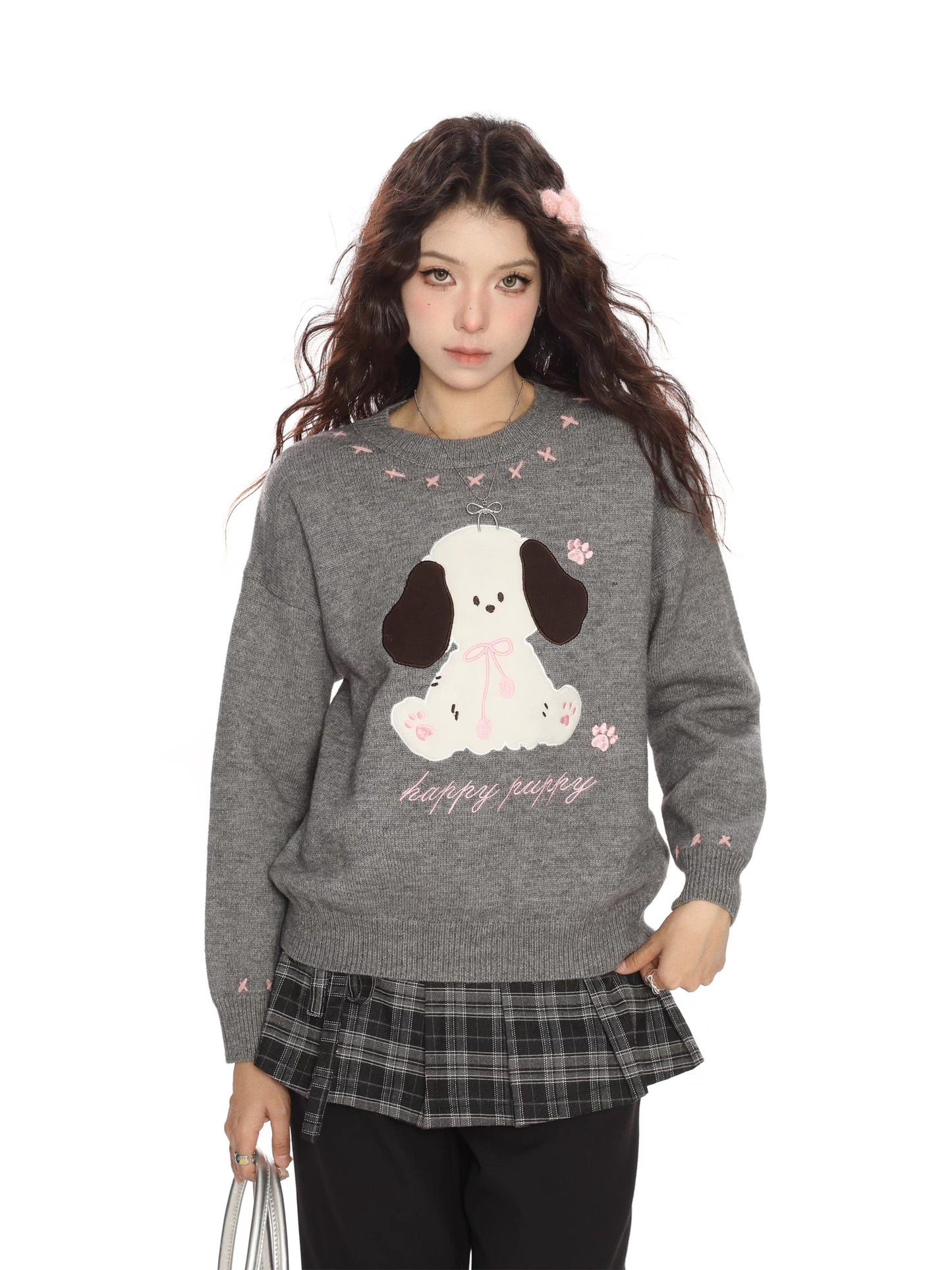 BIGGOLD Fun Cartoon Puppy Embroidered Red Round Neck Sweater for Women, Autumn and Winter Lazy Style Soft and Cozy Knitwear Trendy