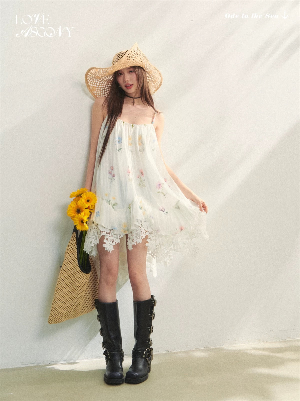 AsGony "Dream Whispering Flower Language" Flower Print Lace Splicing Beaded Irregular Floral Sling Dress