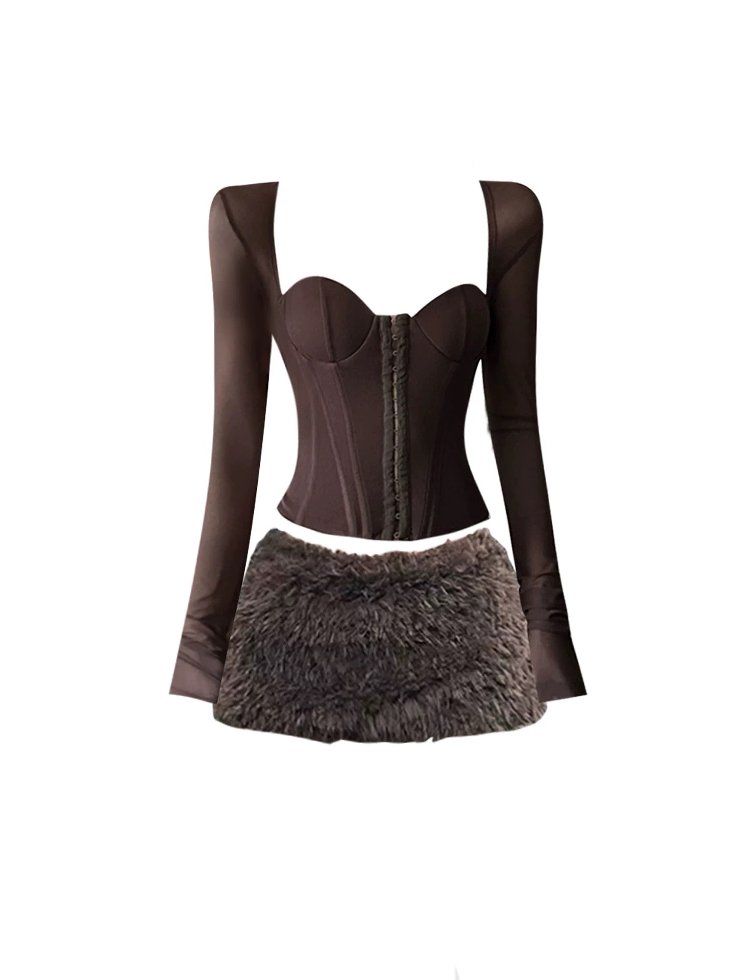 GAOSITONG American-style sexy girl mesh patchwork fishbone top women's winter 2025 retro fur bodycon skirt set