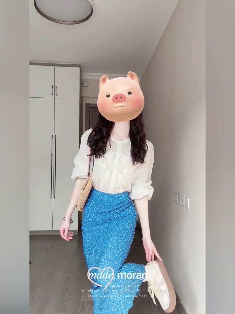 Korean style temperament age-reducing spring outfit two-piece suit embroidered high-end white long-sleeved shirt polka dot maxi skirt