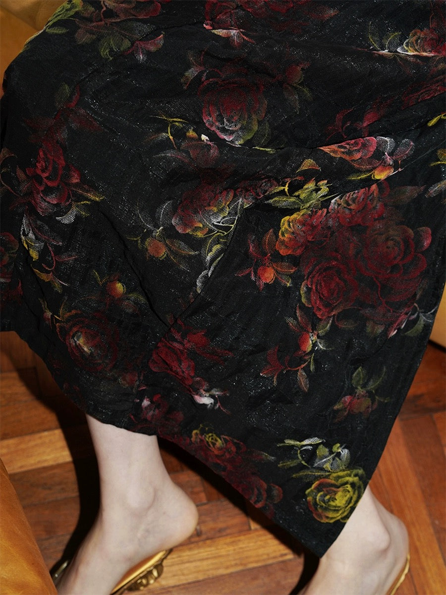 Bad Taste Western New Chinese Tencel Flocked Halter Retro Floral Suspender Dress in Stock
