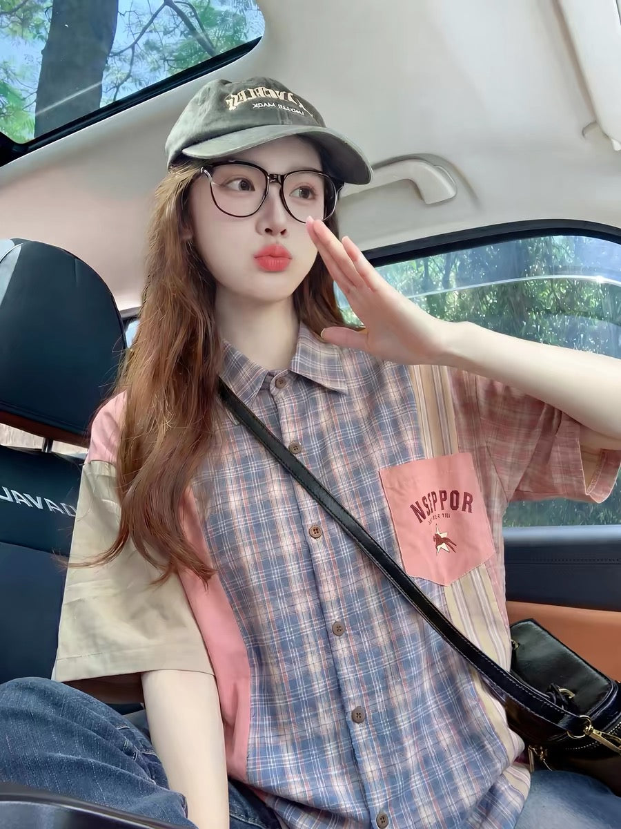 American retro plaid short-sleeved shirt for women, new summer 2026 style, color blocking, dopamine-inspired outfit, top, short-sleeved shirt