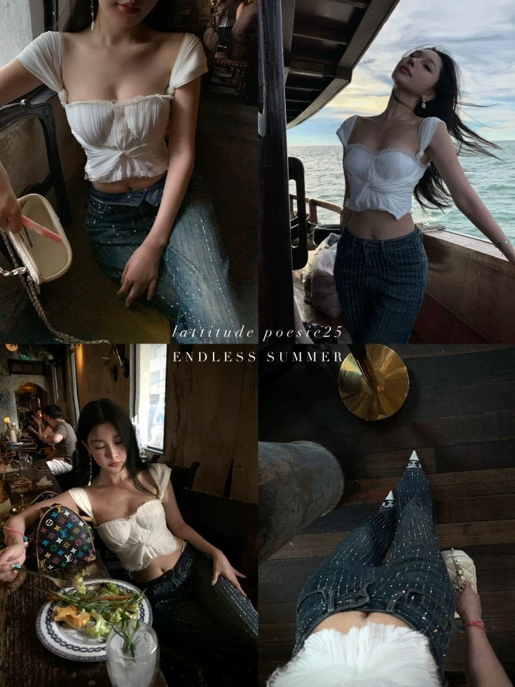 Lattitude/Yang Xiaolu Ning Luo Xinghe dark blue distressed shiny starry sky hot diamond straight jeans for women