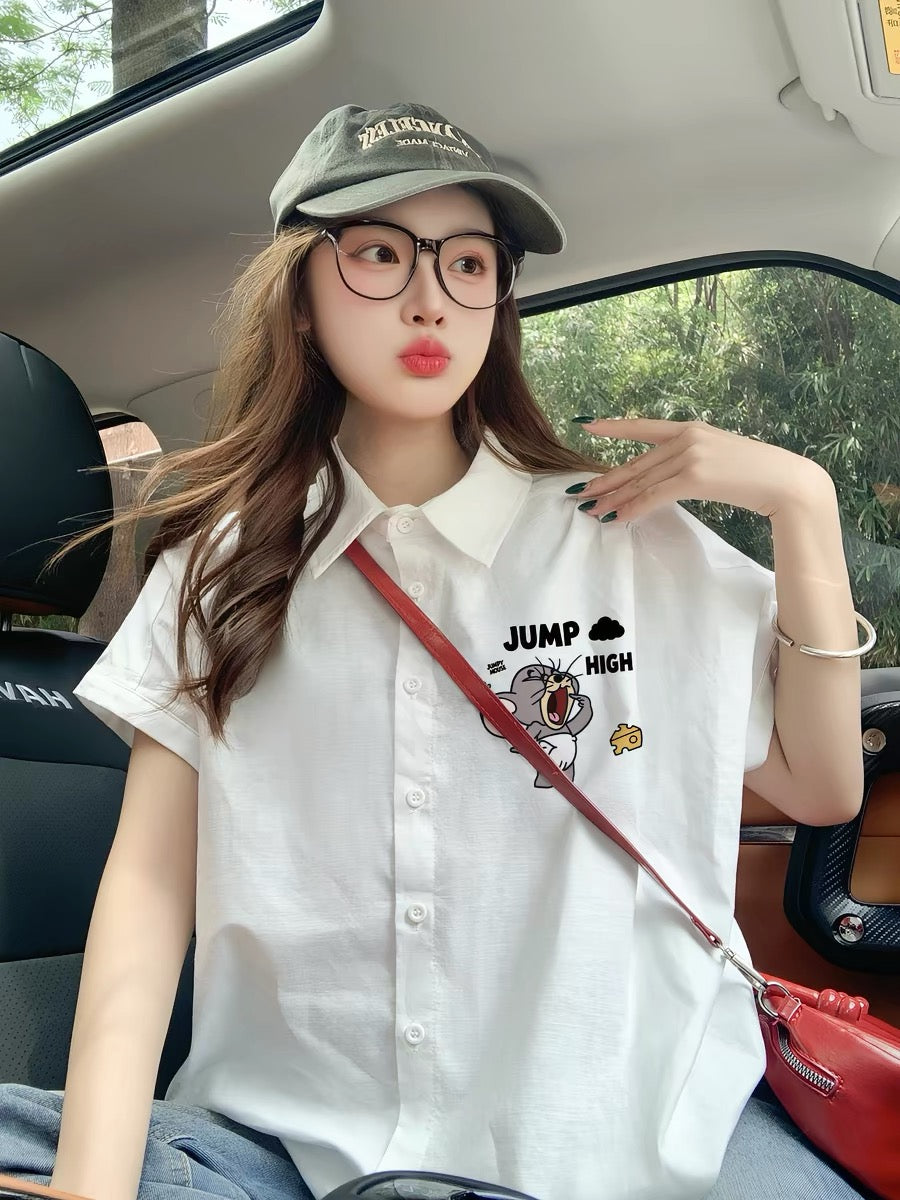 White short-sleeved shirt with small flutter sleeves for women, summer 2025 new style, loose and lazy trendy top and shirt.