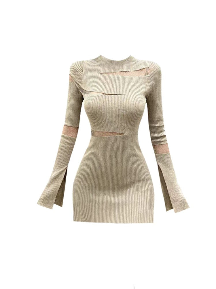 GAOSITONG Pure Desire Mesh Hollow-Out Knit Dress for Women, Autumn/Winter 2025, Sexy, Slimming, Bodycon Skirt
