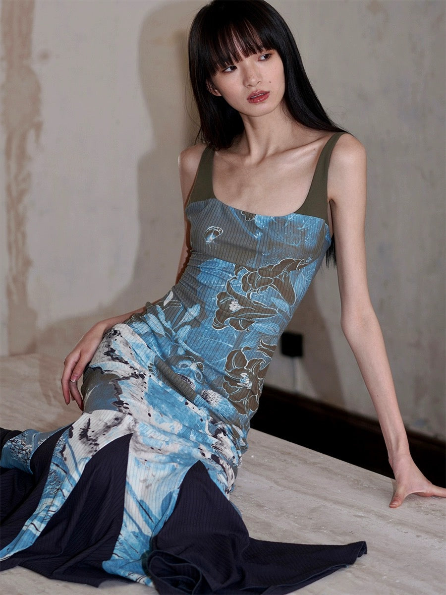 Bad Taste Western New Chinese Print Splicing Adjustable Strap Fishtail Dress Ready in Stock