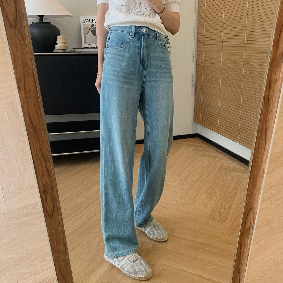 Dading homemade sea salt hot diamond! Light color lyocell handmade white wide leg pants for women spring and summer high waist jeans
