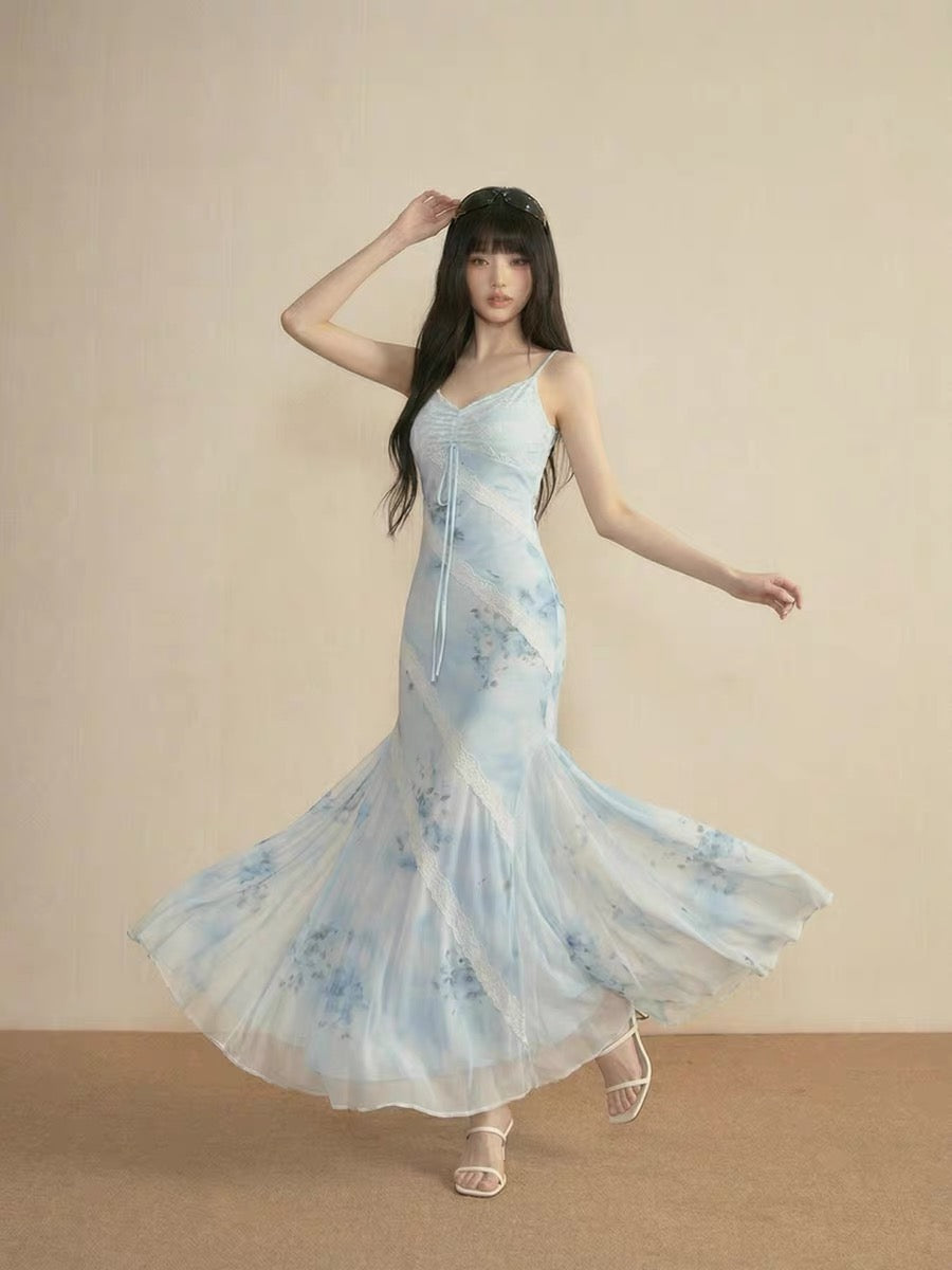 French-style blue lace mesh slip dress for women, perfect for summer beach vacations, slim fit, bodycon fishtail maxi skirt.