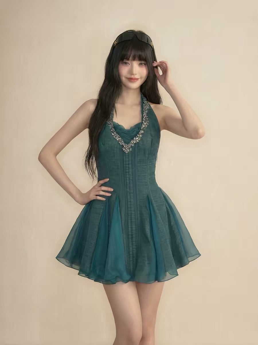 French-style green rhinestone halter neck dress for women, perfect for –  Lee Nhi Boutique