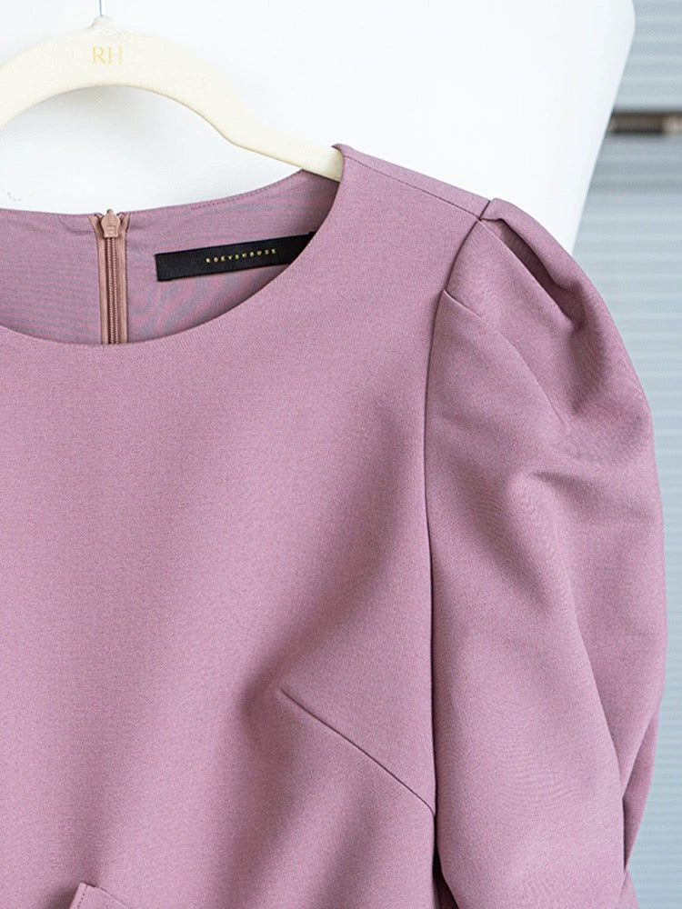 Luo Yi retro puff sleeve pleated dress 2024 summer new style temperament pink slim midi skirt 08189