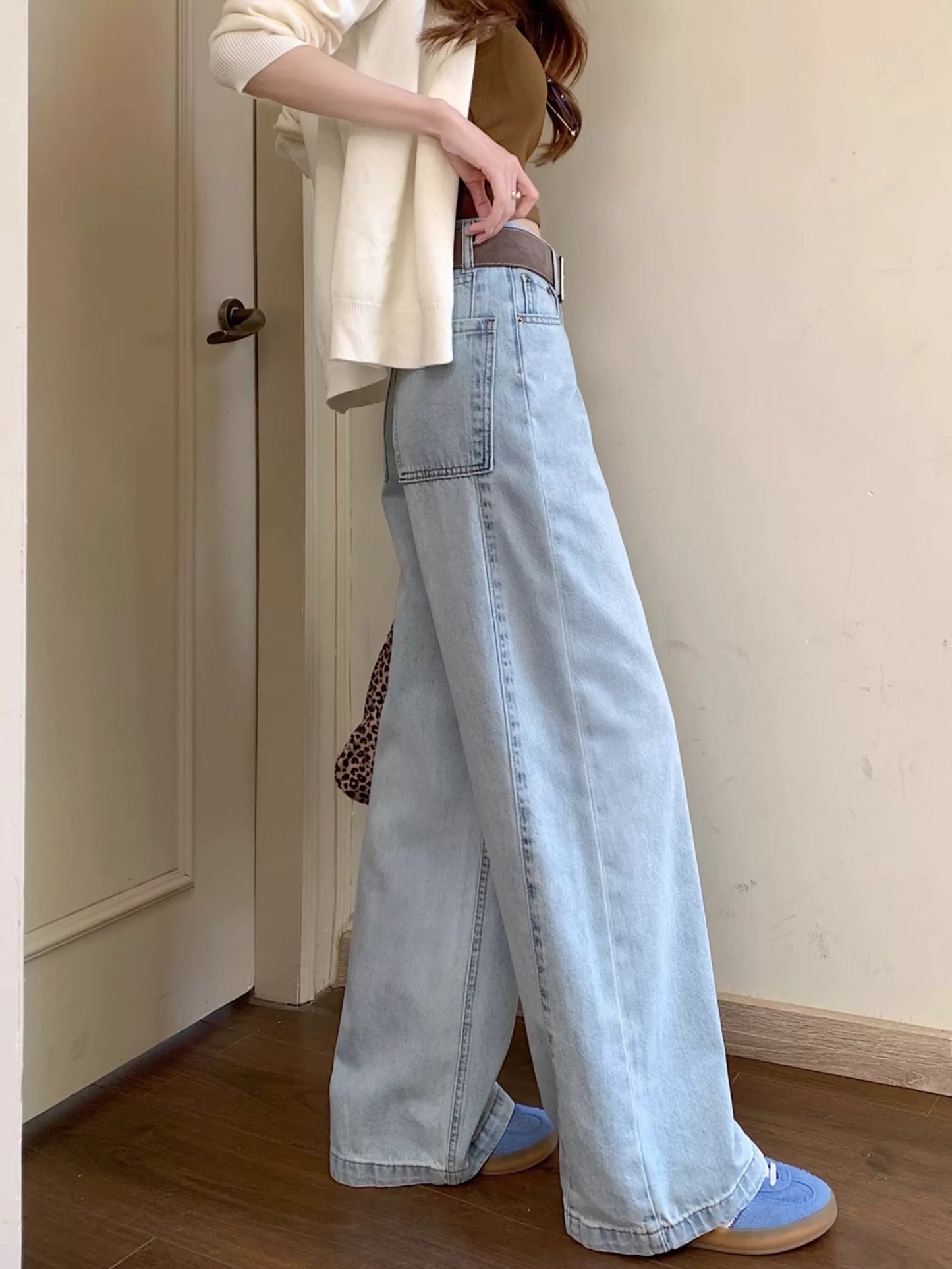Kumikumi retro washed blue wide-leg jeans for women spring versatile loose straight pants high waist mopping pants