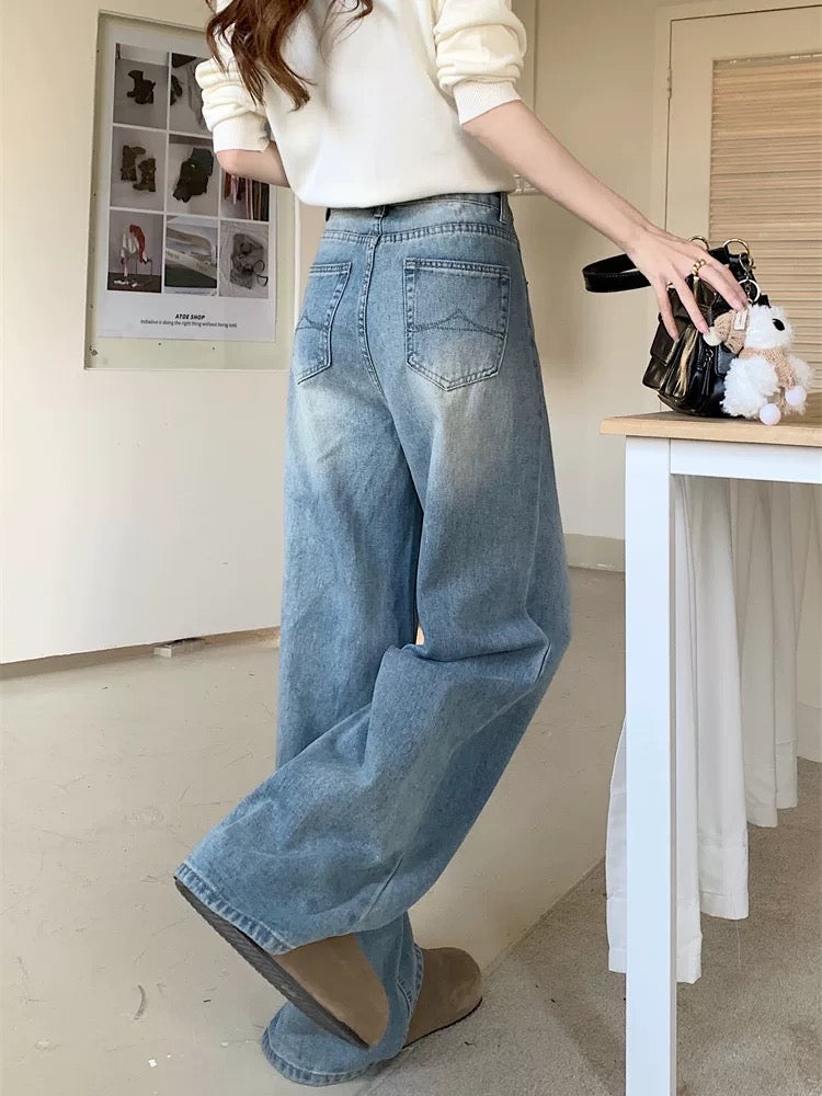 PPHOME retro washed wide-leg jeans women's spring American light blue high waist straight pants tall trousers