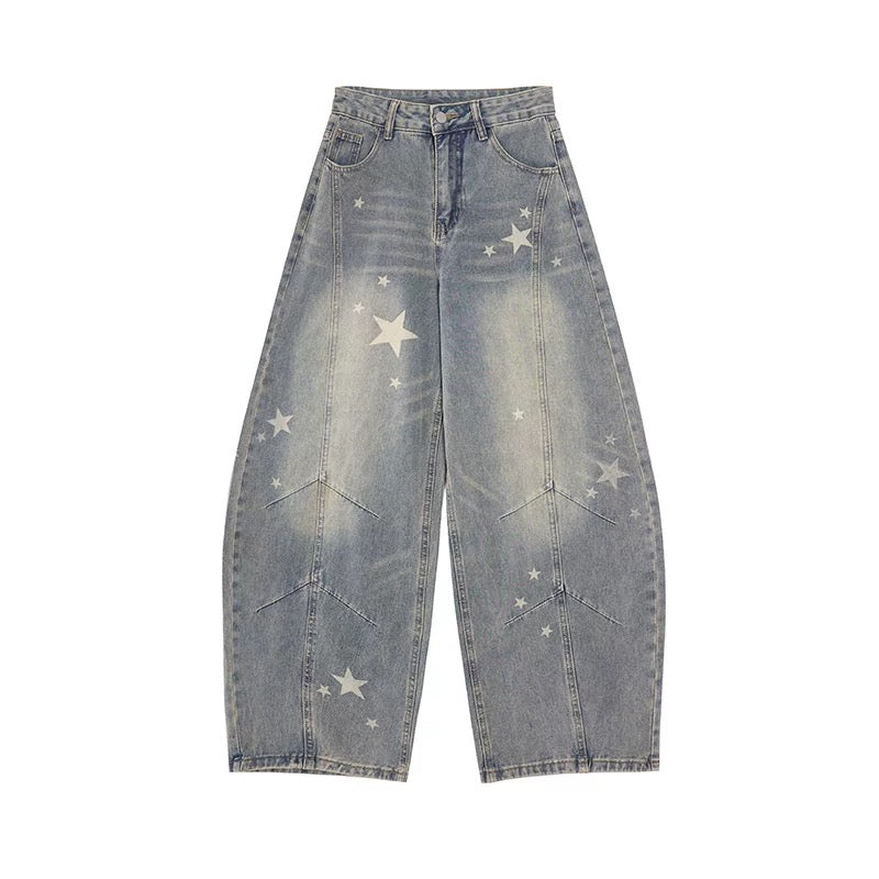 EDX American Retro Print Stylish Scimitar Jeans Women's 2025 Autumn/Winter High-Waisted Loose-Fitting Wide-Leg Scimitar Pants