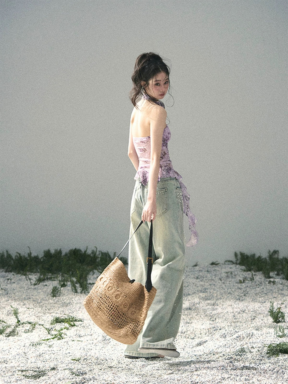 AOMALM's "Bauhinia Blossom" Irregular Slightly Sheer Thin Ribbon T-Shirt for Women, Springtime Pure and Alluring Halter Neck Top