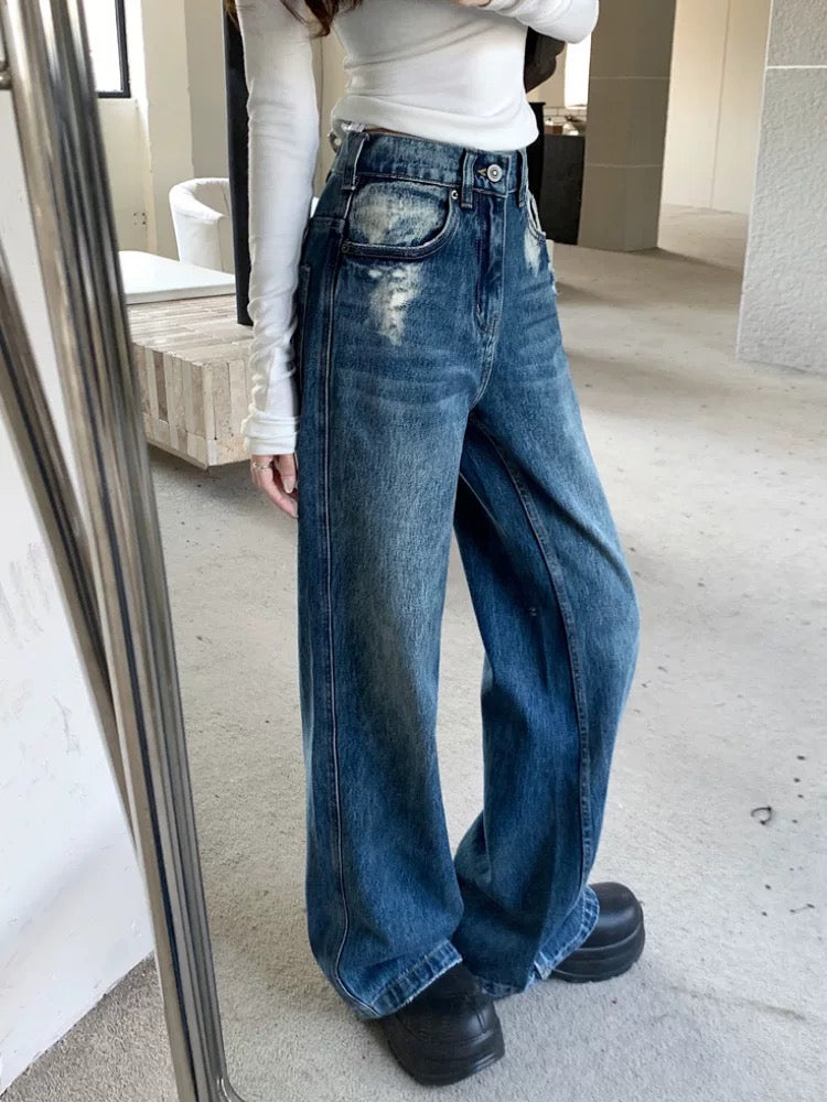 Hong Kong style retro worn wide-leg jeans for women spring new high waist loose slim all-match old washed trousers