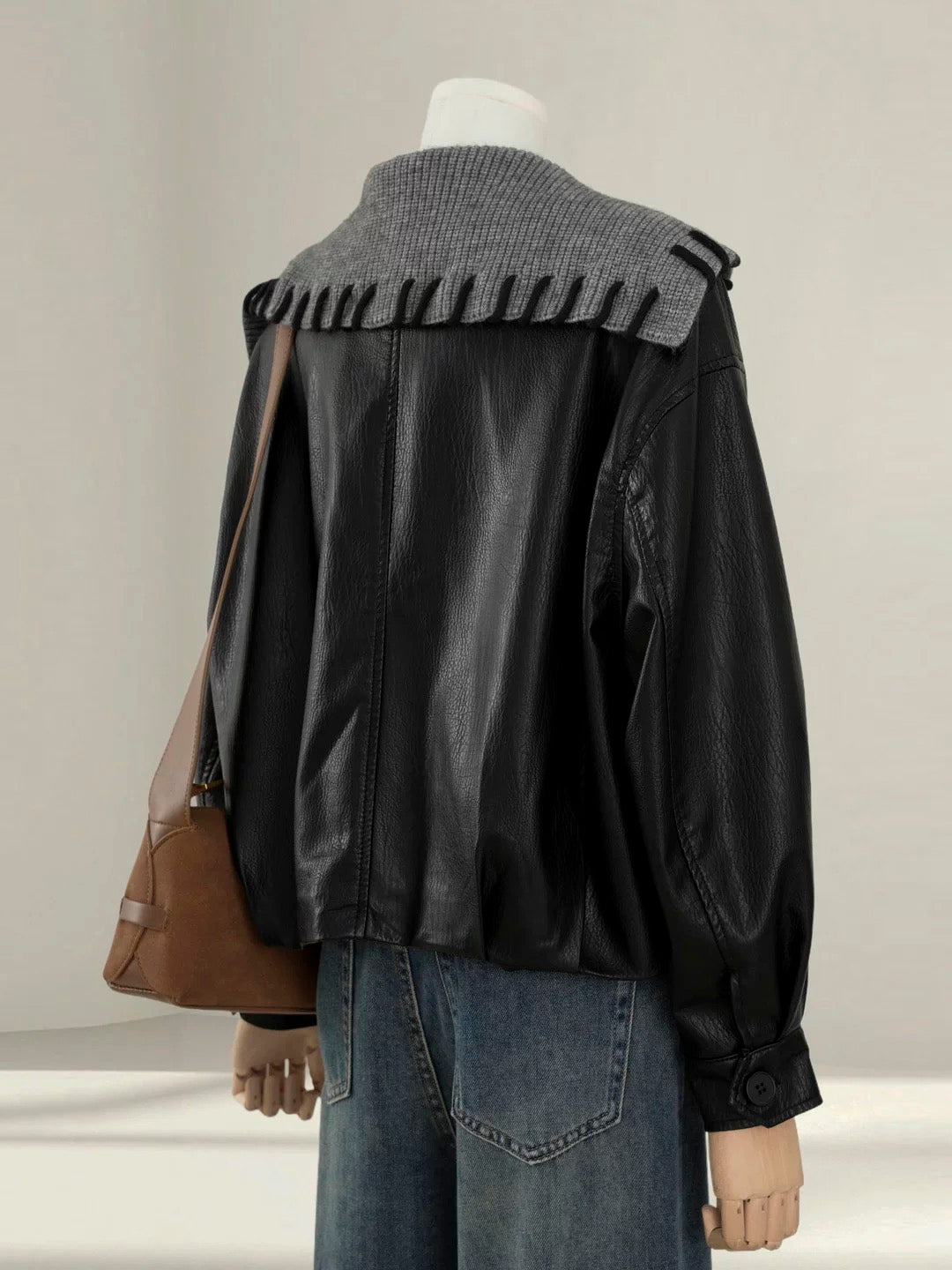 Design sense navy collar black leather jacket women 2025 autumn new Korean loose small size super hot top