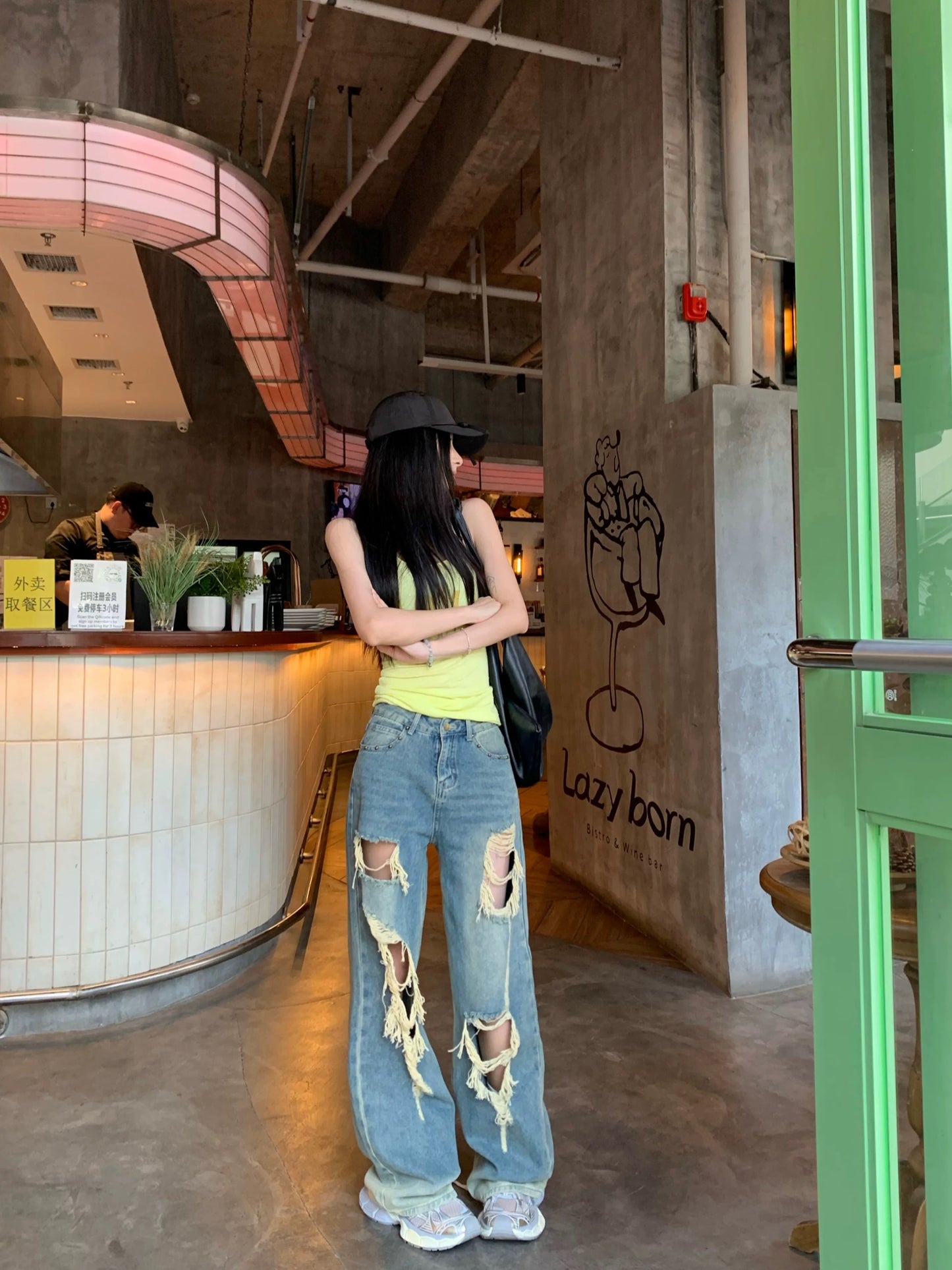 American retro ripped jeans for women spring tassel loose wide-leg pants design high waist trousers mopping pants