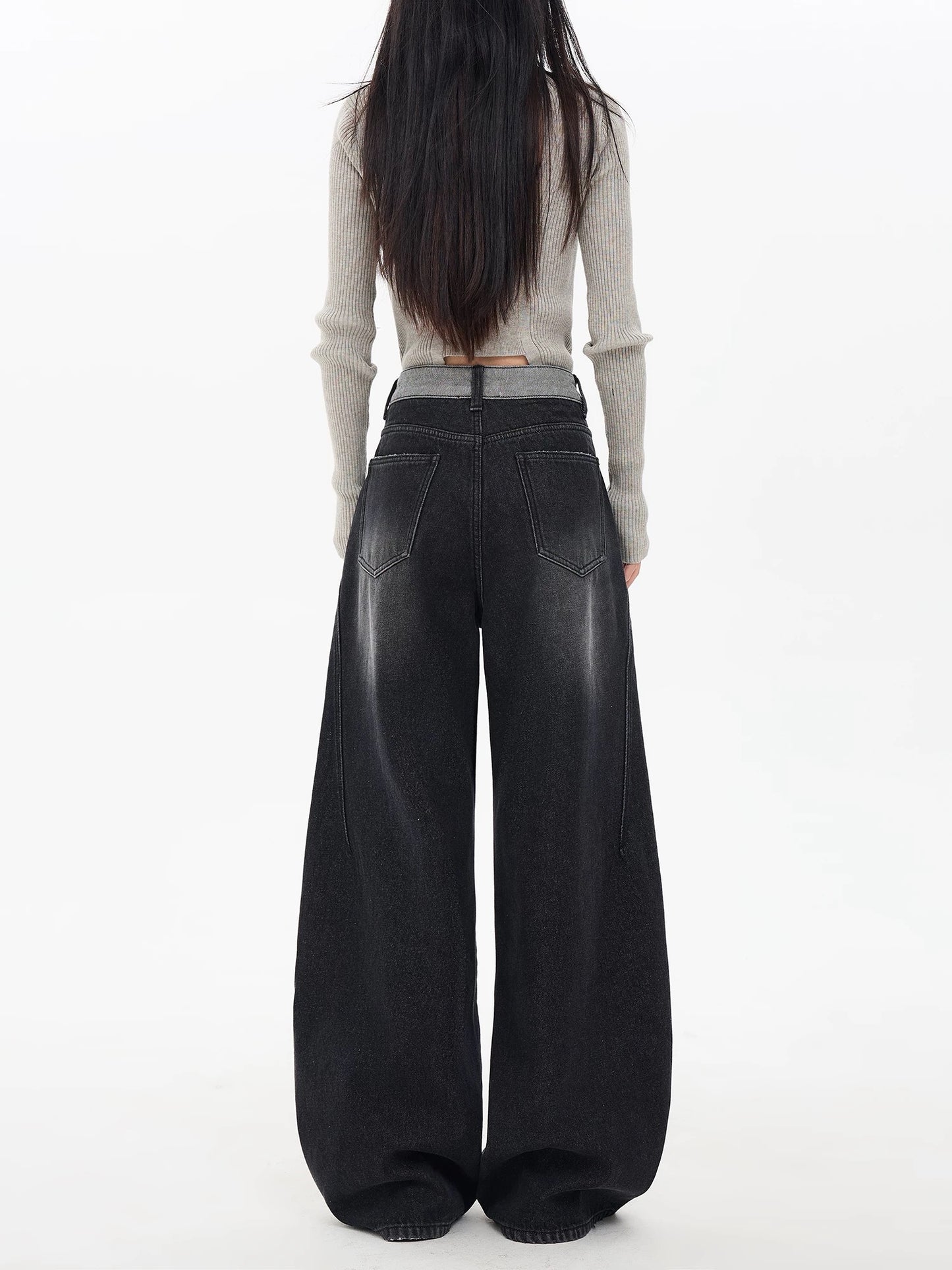 EDX Black Straight Leg Fleece-Lined Jeans for Women, 2025 Autumn/Winter New Style, Slim Fit, Loose Fit, Wide Leg, High Waistband Patchwork Design