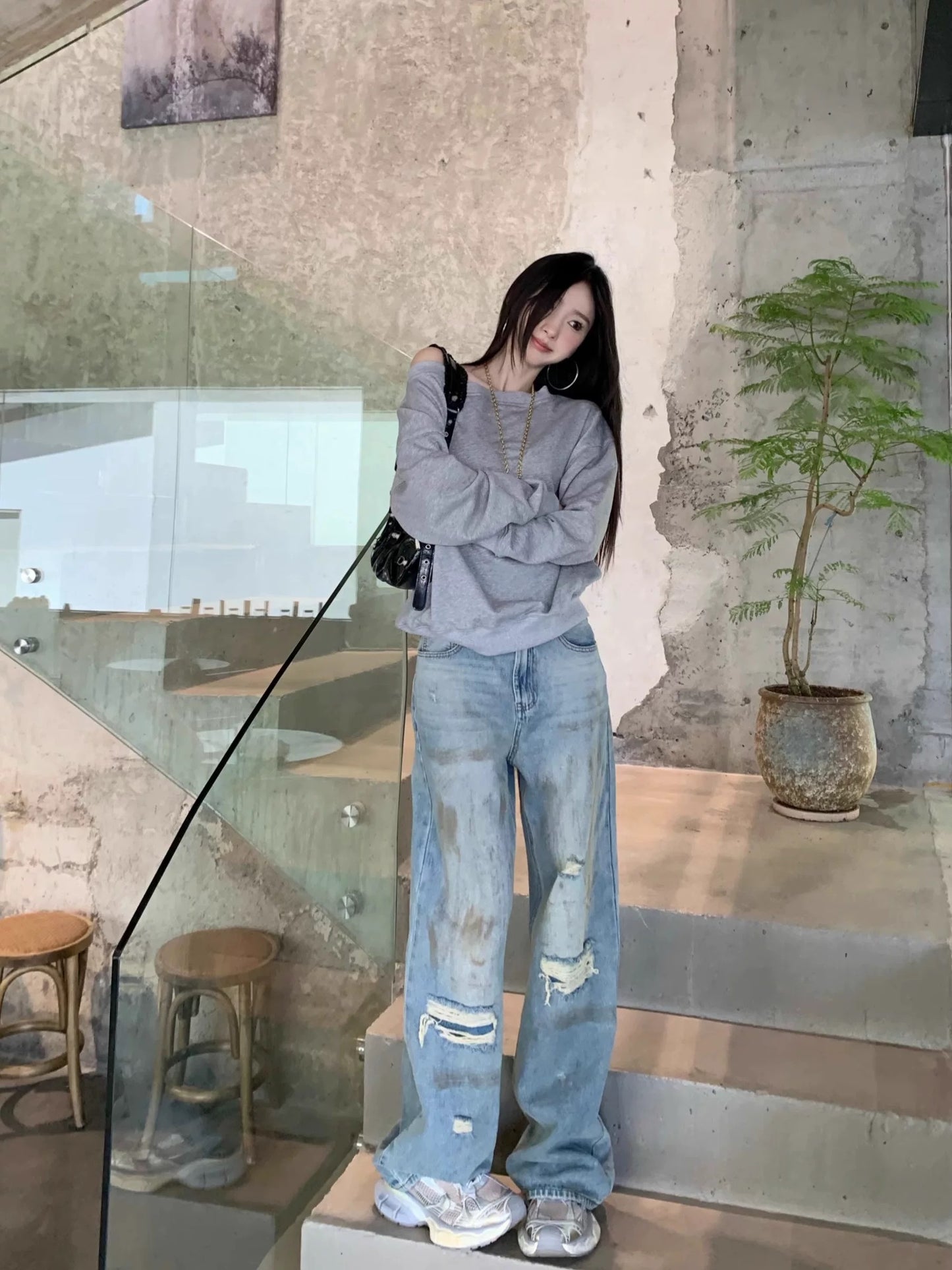 Kumikumi American retro new style old washed jeans for women spring high waist slim mopping pants trousers