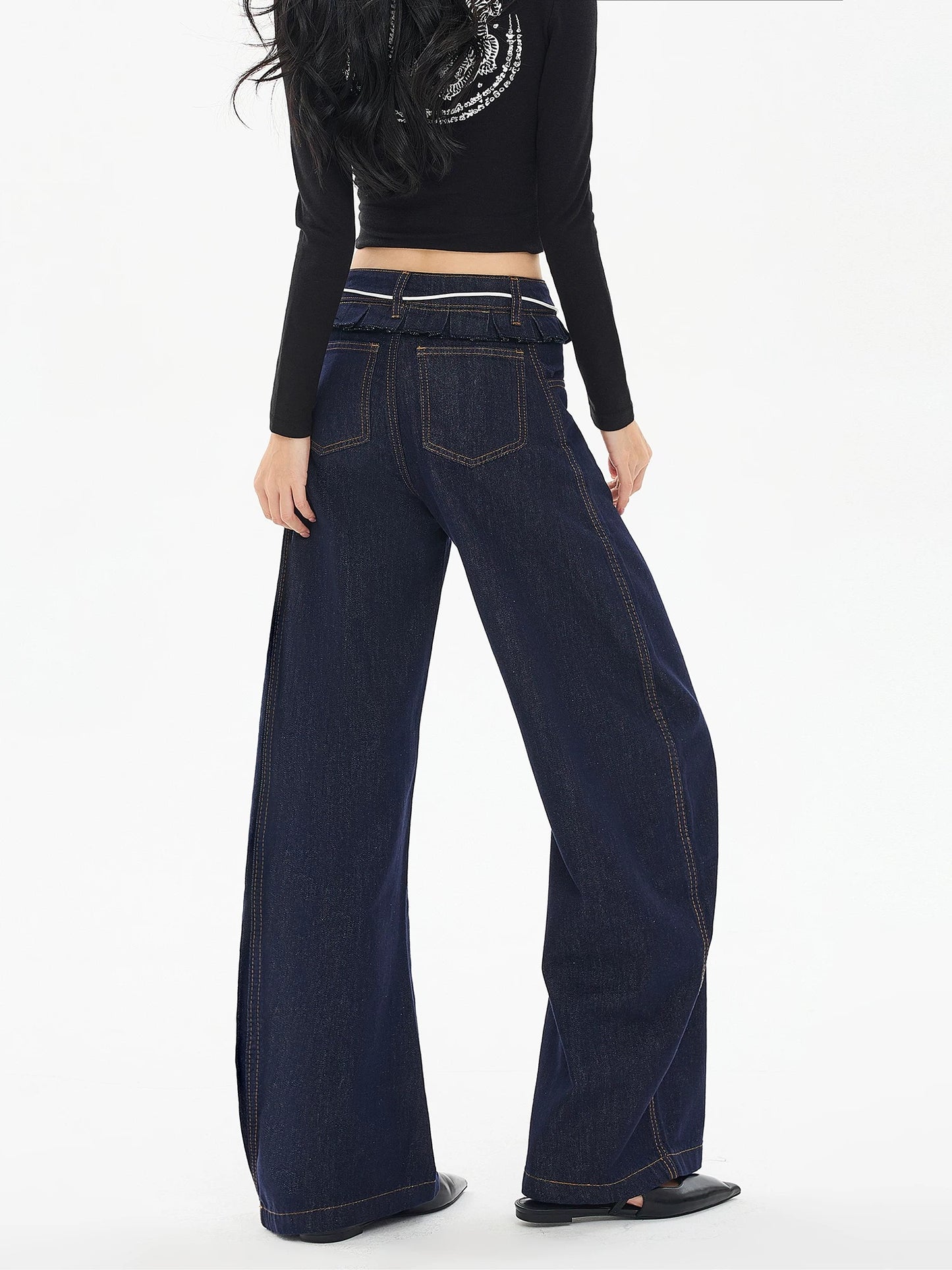 EDX Denim Slim Fit Curved Knife Jeans, 2025 Autumn/Winter New Style, Ruffled Edge, Double Waistband, Sickle Knit Jeans