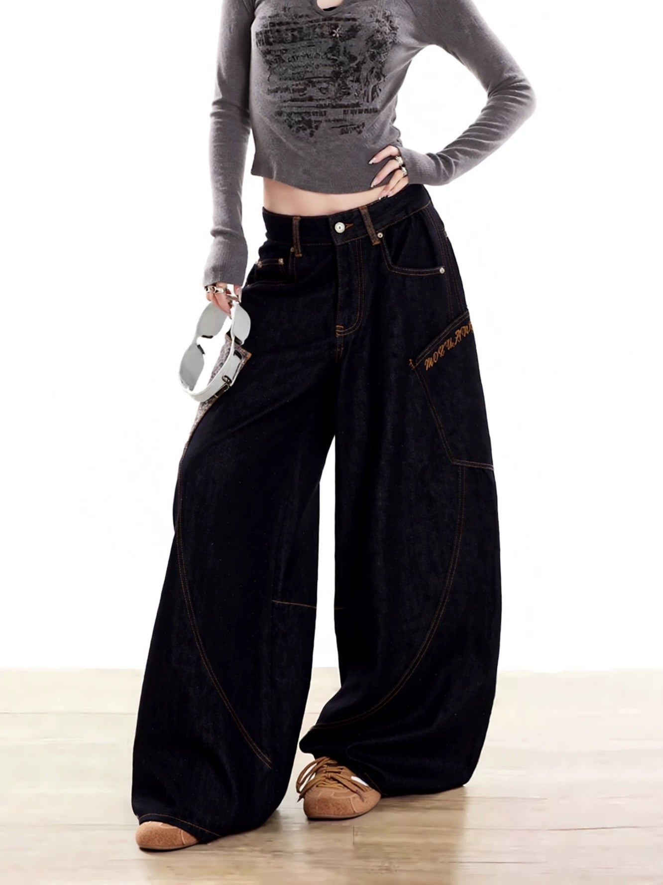 EDX Black Curved Blade Pants Women's Autumn New Wide-Leg Casual Loose-Fitting Python Skin Patchwork Retro Jeans