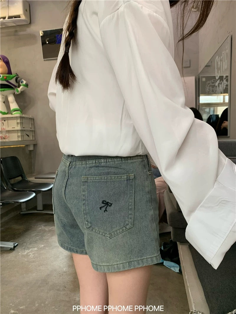 PPHOME homemade ~ bow embroidery distressed blue denim shorts women's summer high waist straight hot pants shorts