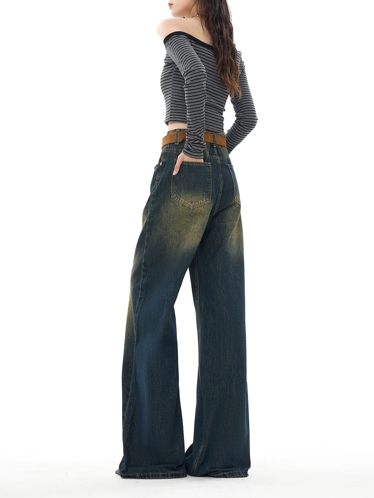 EDX Dark Blue Loose Straight Leg Jeans for Women, New Autumn/Winter Style, Washed Distressed Vintage Flow Wide Leg Pants