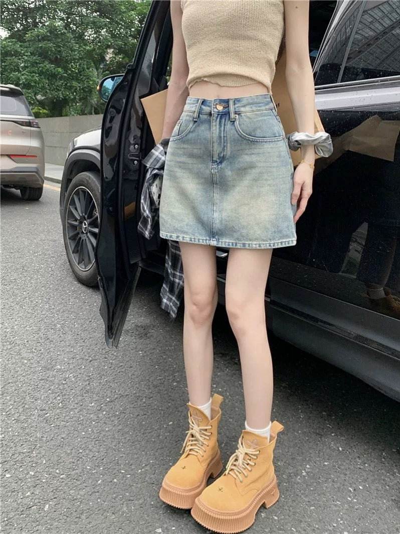 PPHOME classic all-match a-line denim skirt women's summer washed high waist skirt small hip skirt