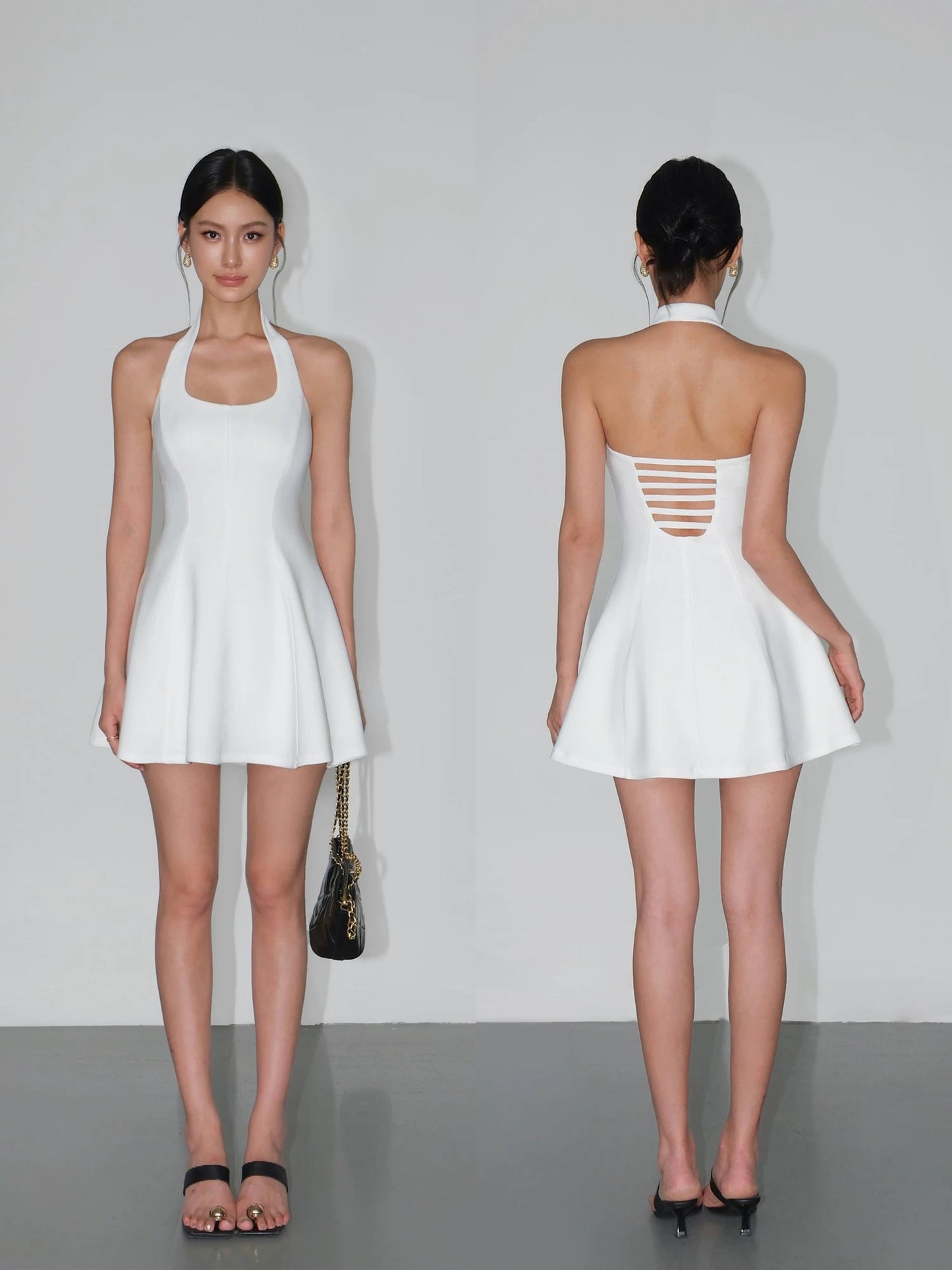NEVA HU Retro Square Neck Halter Dress Female Temperament Waist Sleeveless Skirt Sexy Hollow Backless Short Skirt