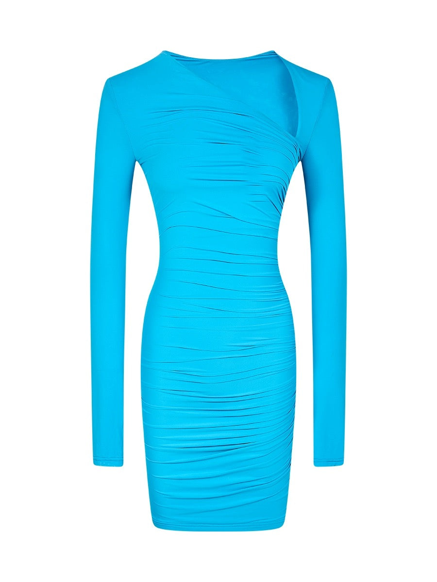 Shan Xishuo Peacock Blue Irregular Stretch Wrinkle Dress Women's Long Sleeve Tight Sexy Off-The-Shoulder Temperament Covered Hip Skirt
