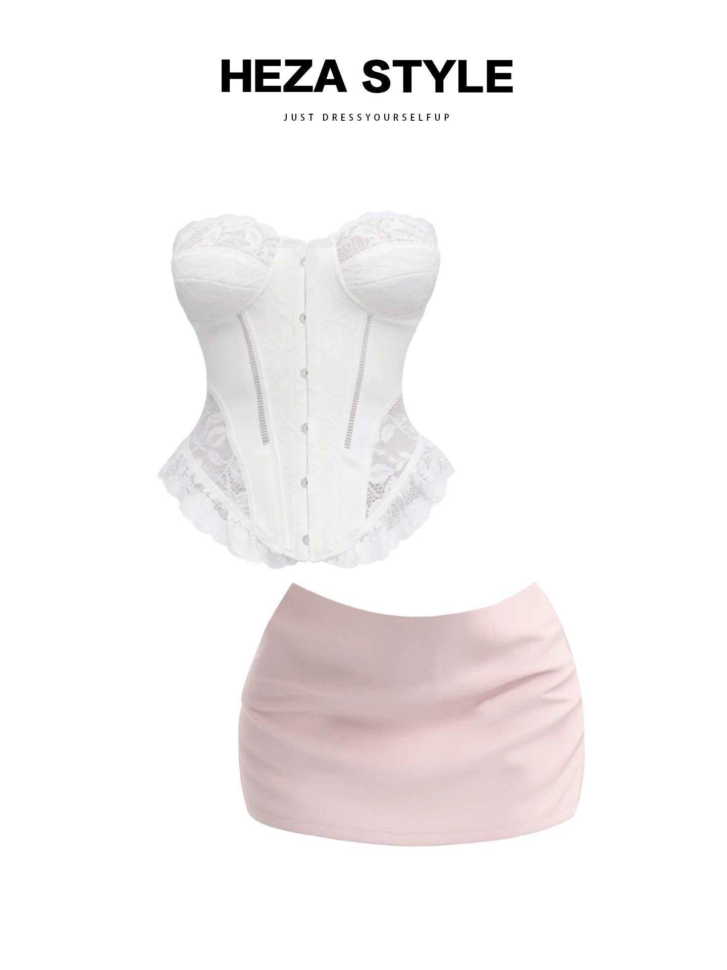 HEZA Plus Size High-End Lace Fishbone Bandeau Top Women's Autumn Chic Pink Bodycon Skirt Set