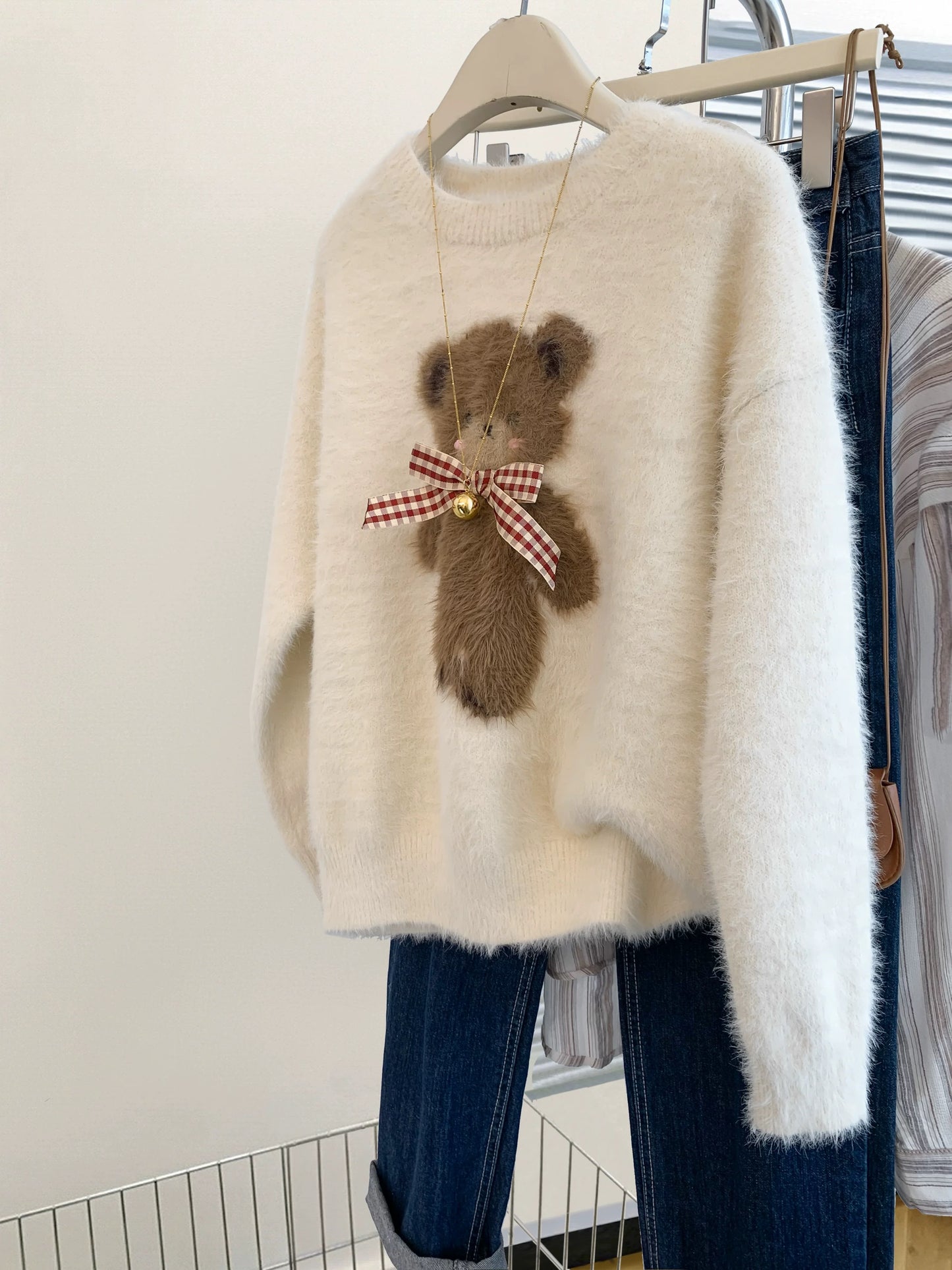 style bow-knitted sweater cardigan coat for women in early autumn straight shoulder French design short outerwear