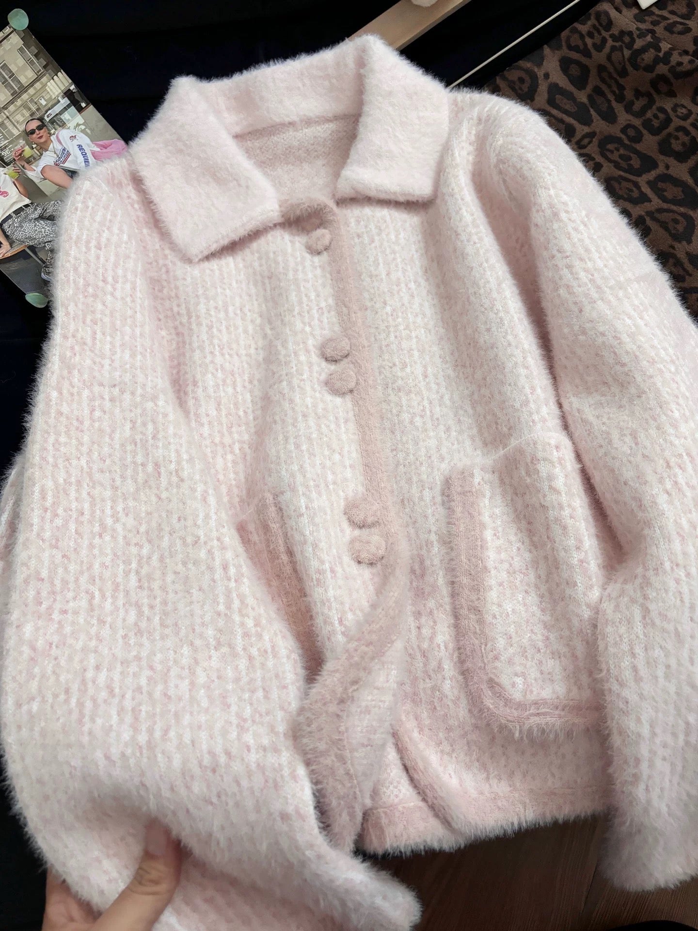 No pilling, Korean style, pretty pink collared sweater cardigan, new autumn and winter style, loose, casual, versatile knitted top