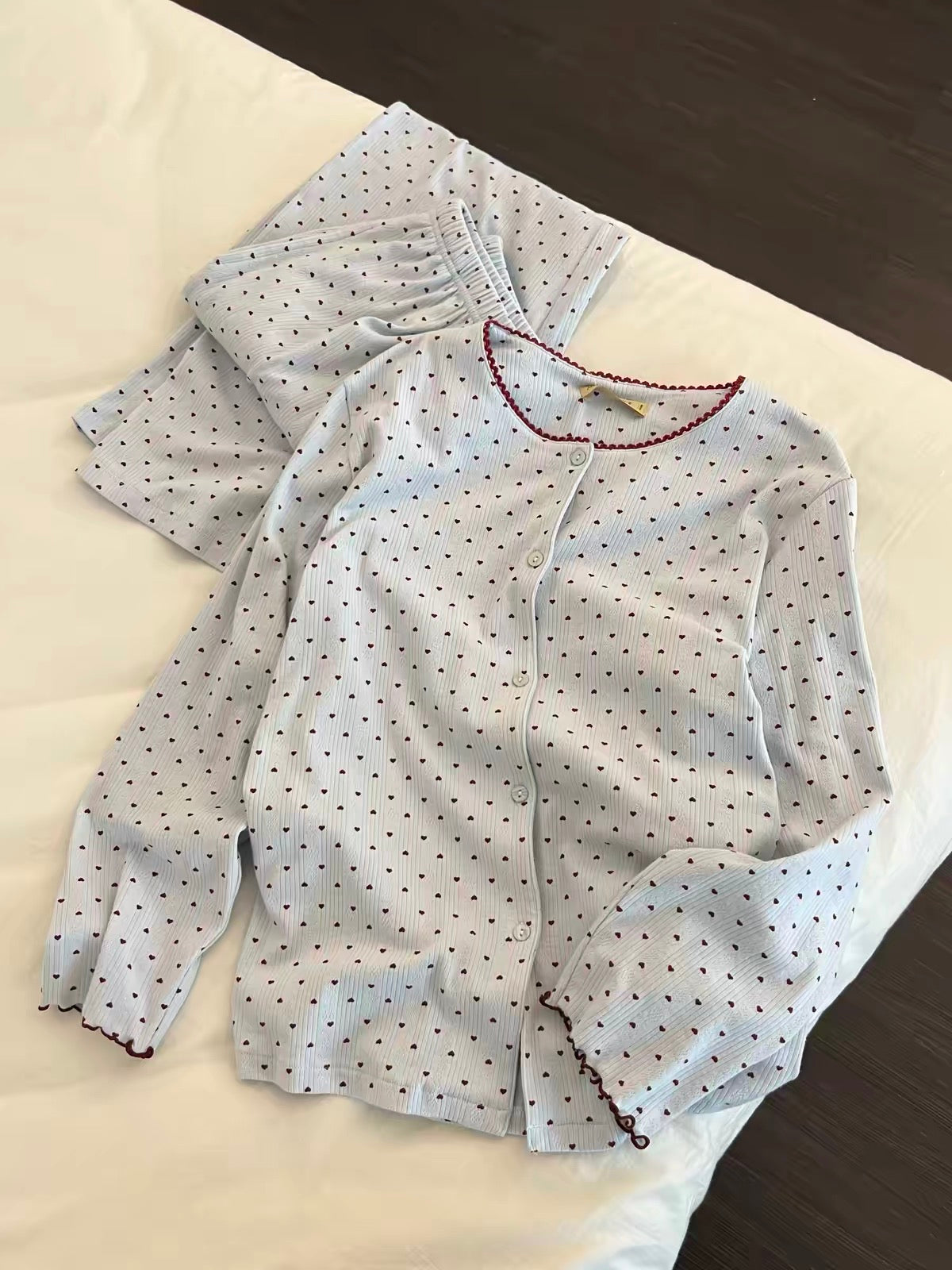 Sin Glee Women's Long-Sleeve Pajama Set with Heart Print – Spring/Autumn Casual Loungewear with Long Pants