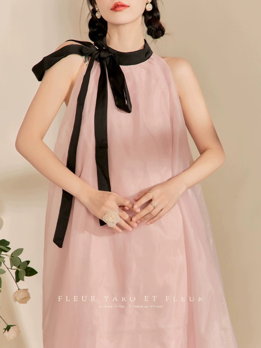 Qiao and the Flower Bottle / Dress for Women Spring and Summer French Gentle Retro Elegant Pink Ribbon Loose Swing Skirt