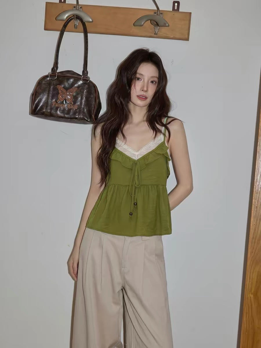 Chaochao's Green Faux Two-Piece Lace Camisole Vest for Women, Summer 2026, High-End Ruffled Tie-Waist Top