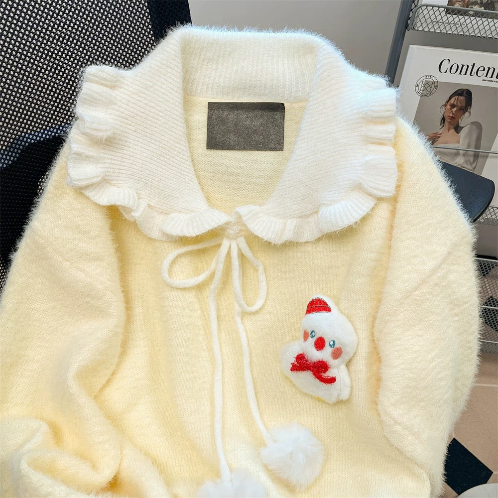 Naiguai Art Student Cute Snowman Doll Collar Sweater Women's Autumn and Winter Korean Style High-Quality Mohair Soft Waxy Sweater