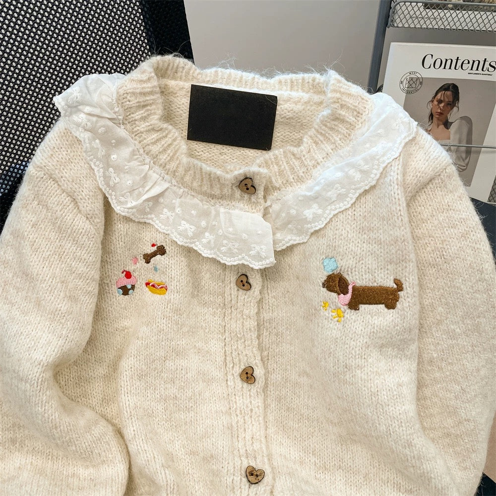 Korean lace stitching puppy embroidered sweater cardigan for women in autumn and winter, sweet and gentle, soft and waxy knitted top for little people