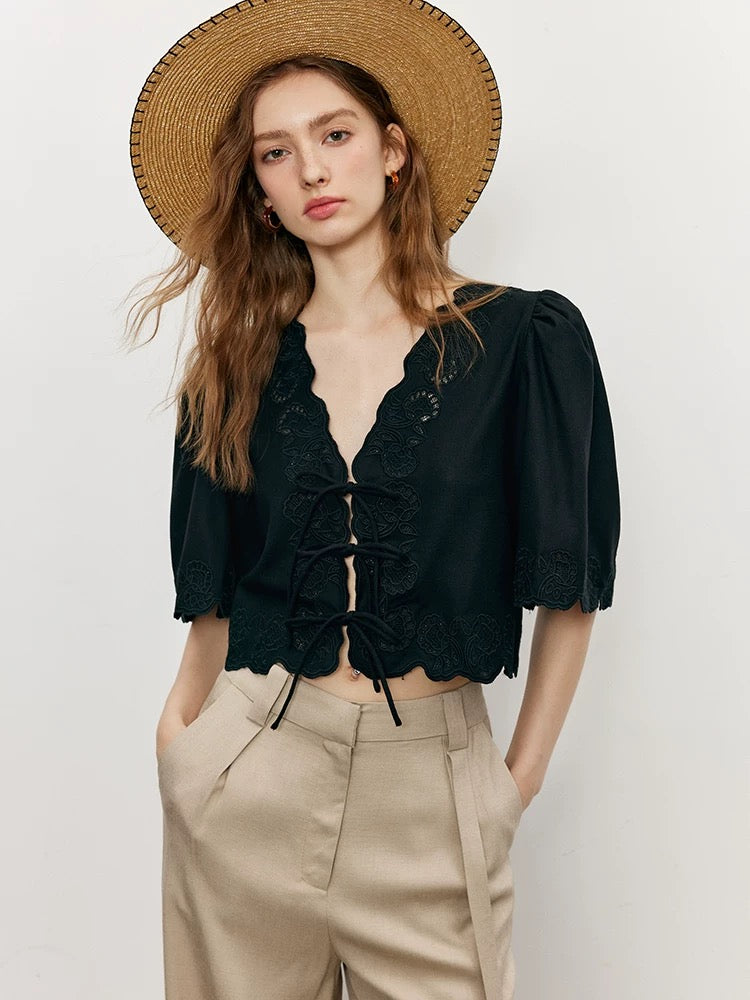 Exquisite and chic, breathable and comfortable, French heavy embroidery V-neck puff sleeve short cotton shirt top for women