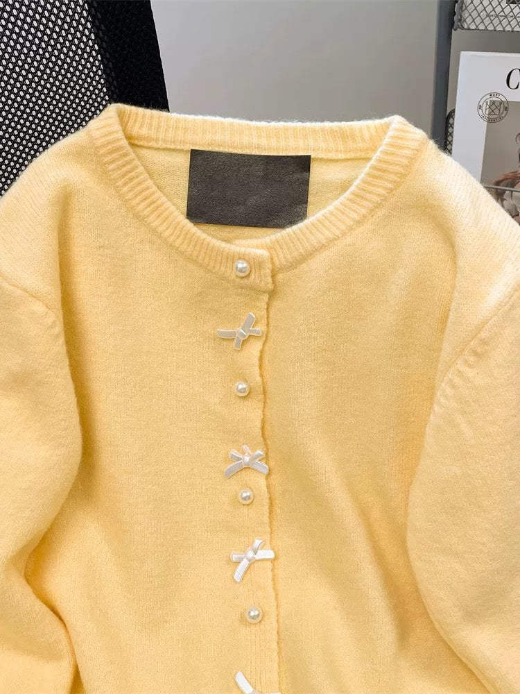 Western style unique chic bow pearl button sweater women's autumn and winter warm and soft waxy knitted cardigan jacket