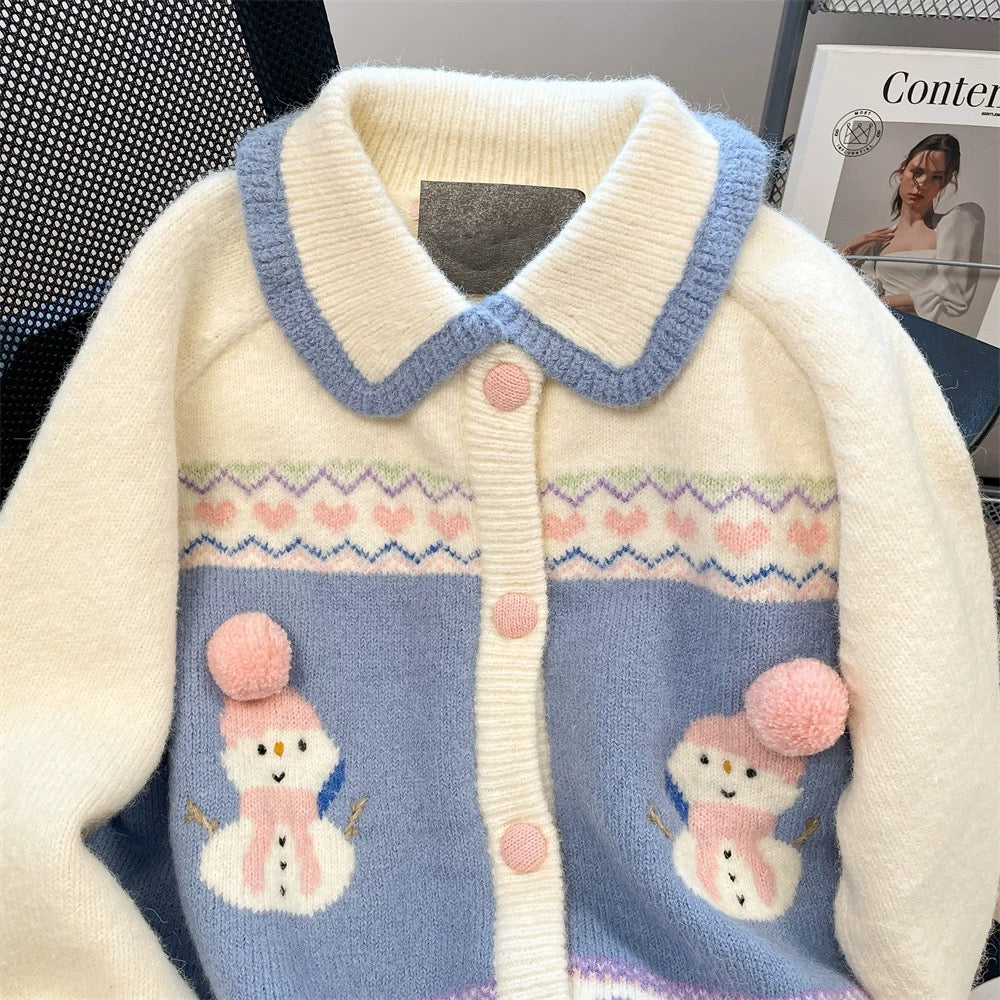Christmas atmosphere snowman lapel sweater cardigan for women autumn and winter Korean style sweet soft waxy thickened knitted top jacket