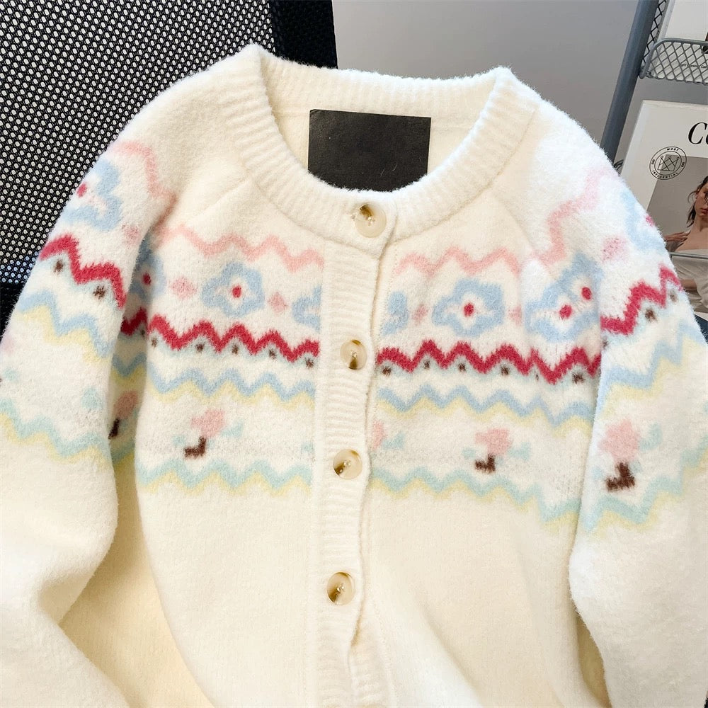 Korean style gentle vintage Fair Isle sweet sweater for women in autumn and winter to reduce age, beautiful and stylish knitted cardigan jacket