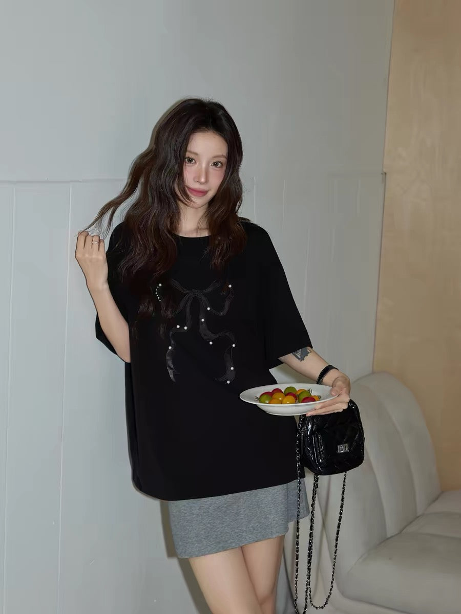Chaochao's Black Bow Beaded Embroidered Short-Sleeve T-Shirt for Women, Summer 2026, Relaxed, Loose, Slimming Short-Sleeve Top