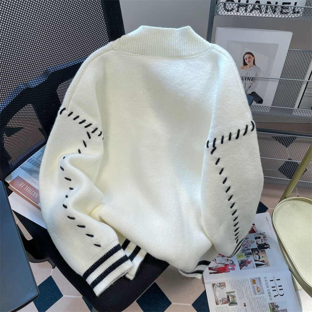 Japanese retro lazy outer wear bear sweater cardigan for women autumn thin college style soft waxy v-neck knitted jacket