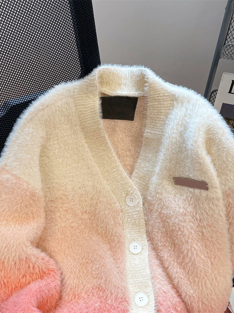 American retro gradient mink velvet thickened sweater for women fufu lazy soft waxy v-neck knitted cardigan jacket