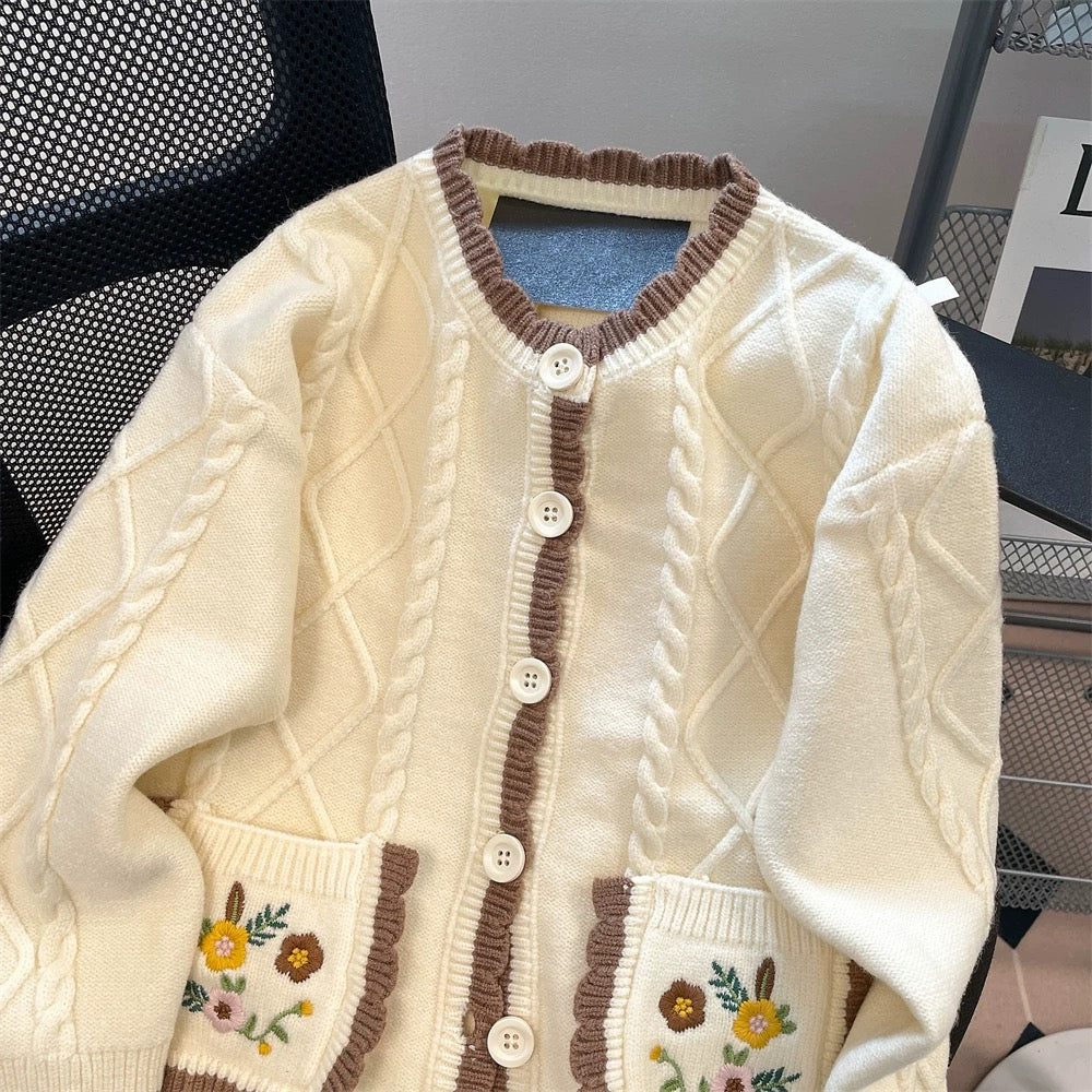 French gentle little fragrance soft waxy sweater cardigan for women autumn high-end beautiful embroidered flower jacket knitted top